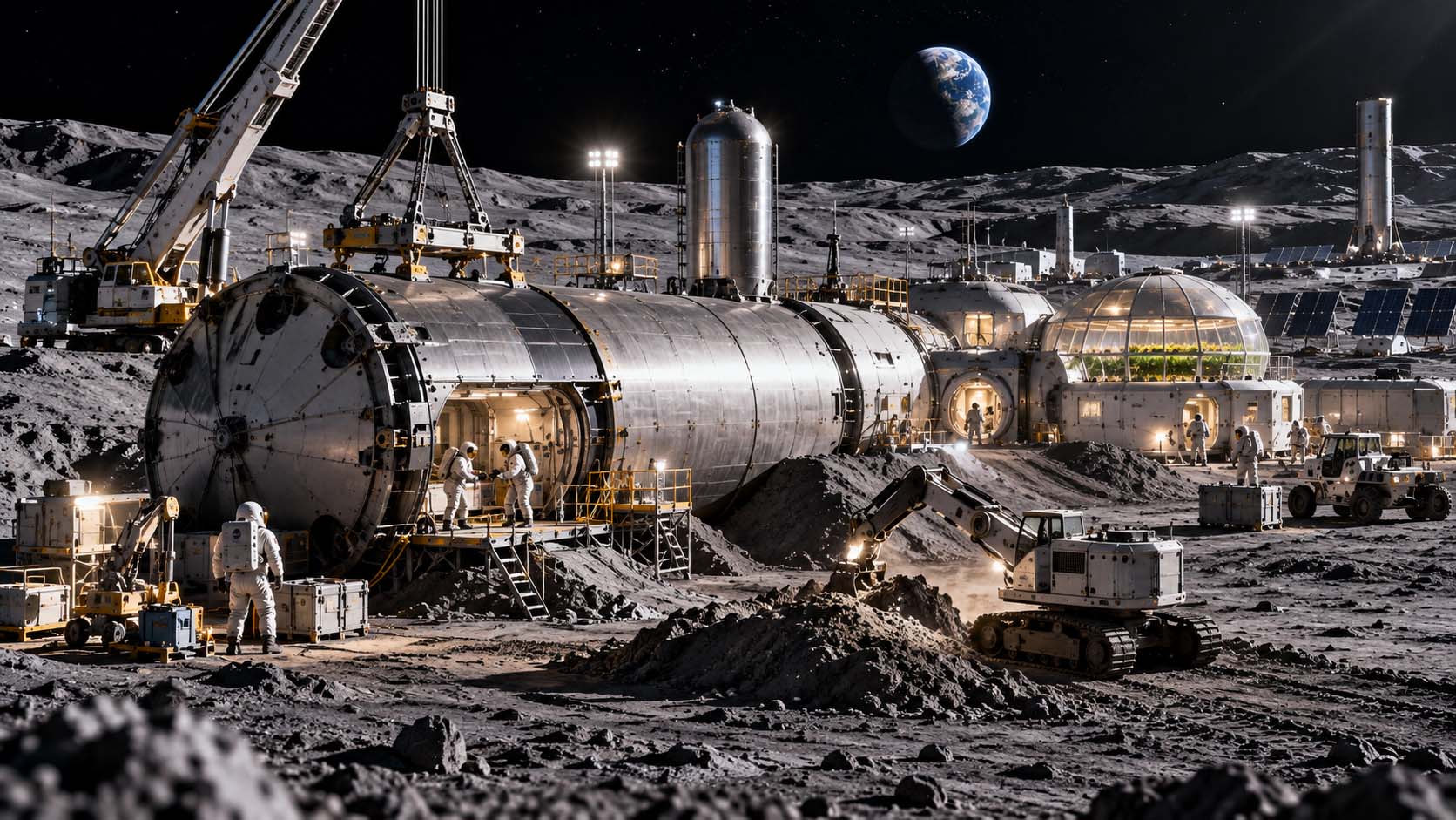 Concept illustration of a lunar settlement incorporating a repurposed spacecraft hull as a permanent workshop and habitat structure, with cranes, excavation equipment, astronauts, rovers, solar arrays, and connected base modules