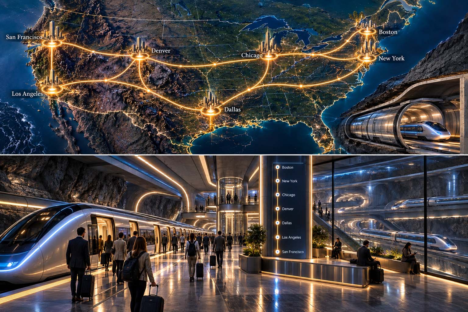 Futuristic two-panel concept showing an underground high-speed transportation network linking major United States cities and passengers boarding trains in a large subterranean station.