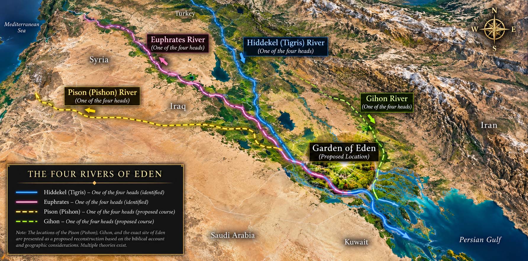 Illustrated reconstruction of Eden showing one river associated with the garden and four named river heads: Pison, Gihon, Hiddekel, and Euphrates.