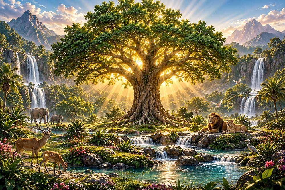 Illustration of the Tree of Life in a lush Garden of Eden landscape.
