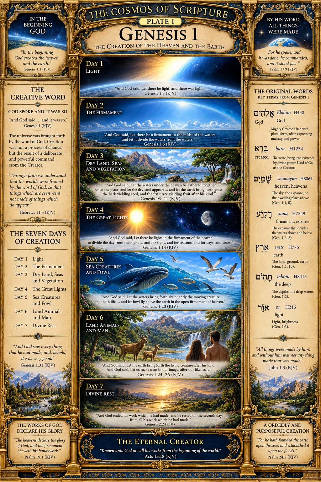 Plate I, Genesis 1, The Creation of the Heavens and the Earth, presented as an illuminated biblical atlas.