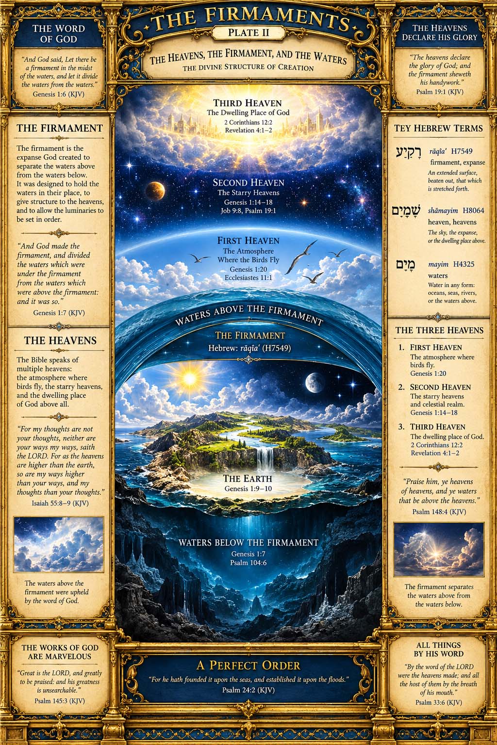 Plate II, The Firmaments, The Structure of the Heavens, presented as an illuminated biblical atlas.