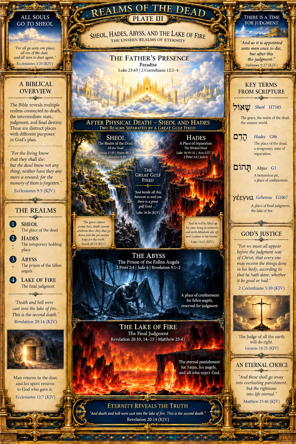 Plate III, The Realms of the Dead and Judgment, presented as an illuminated biblical atlas.