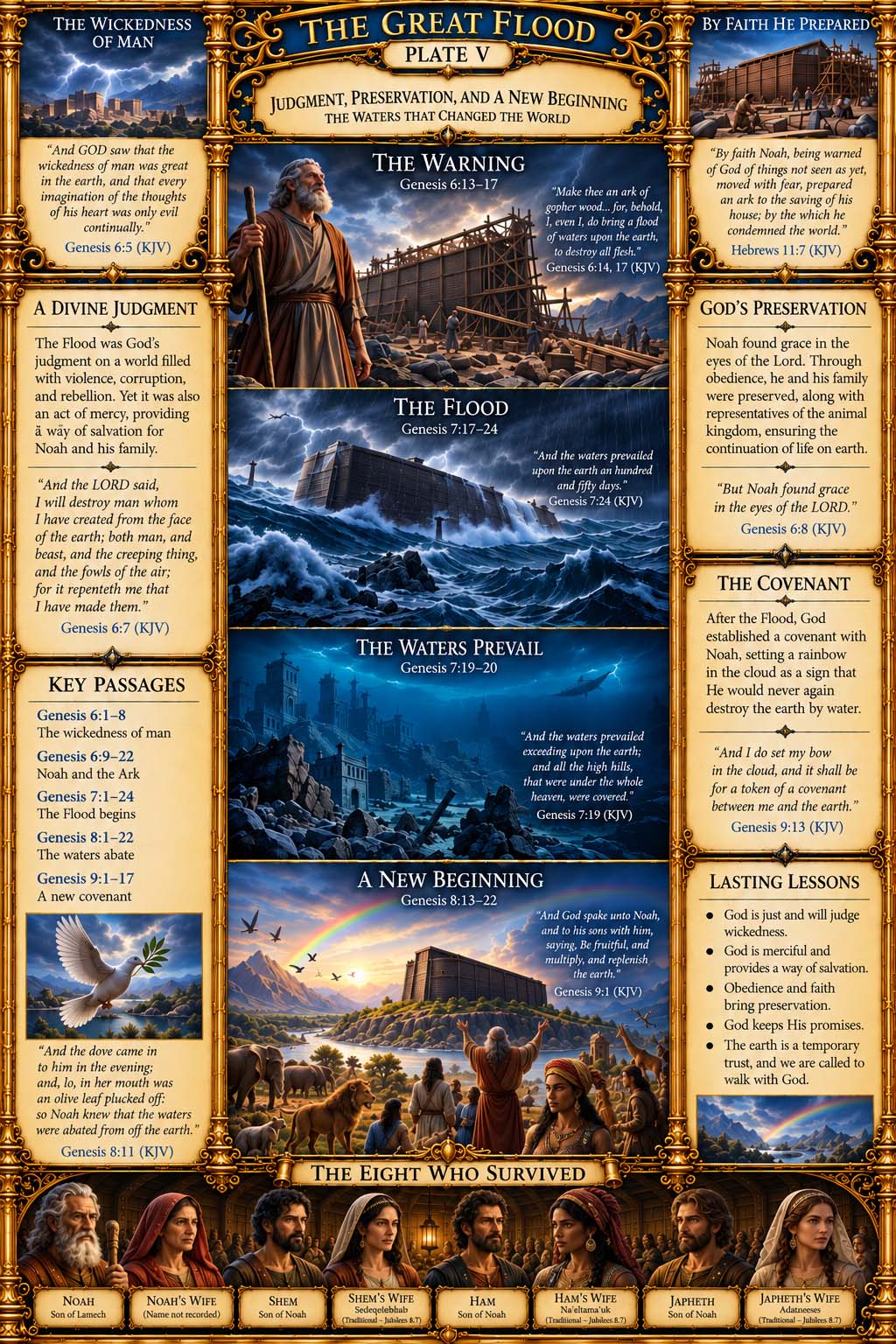 Plate V, The Great Flood, judgment, preservation, and a new beginning, presented as an illuminated biblical atlas.
