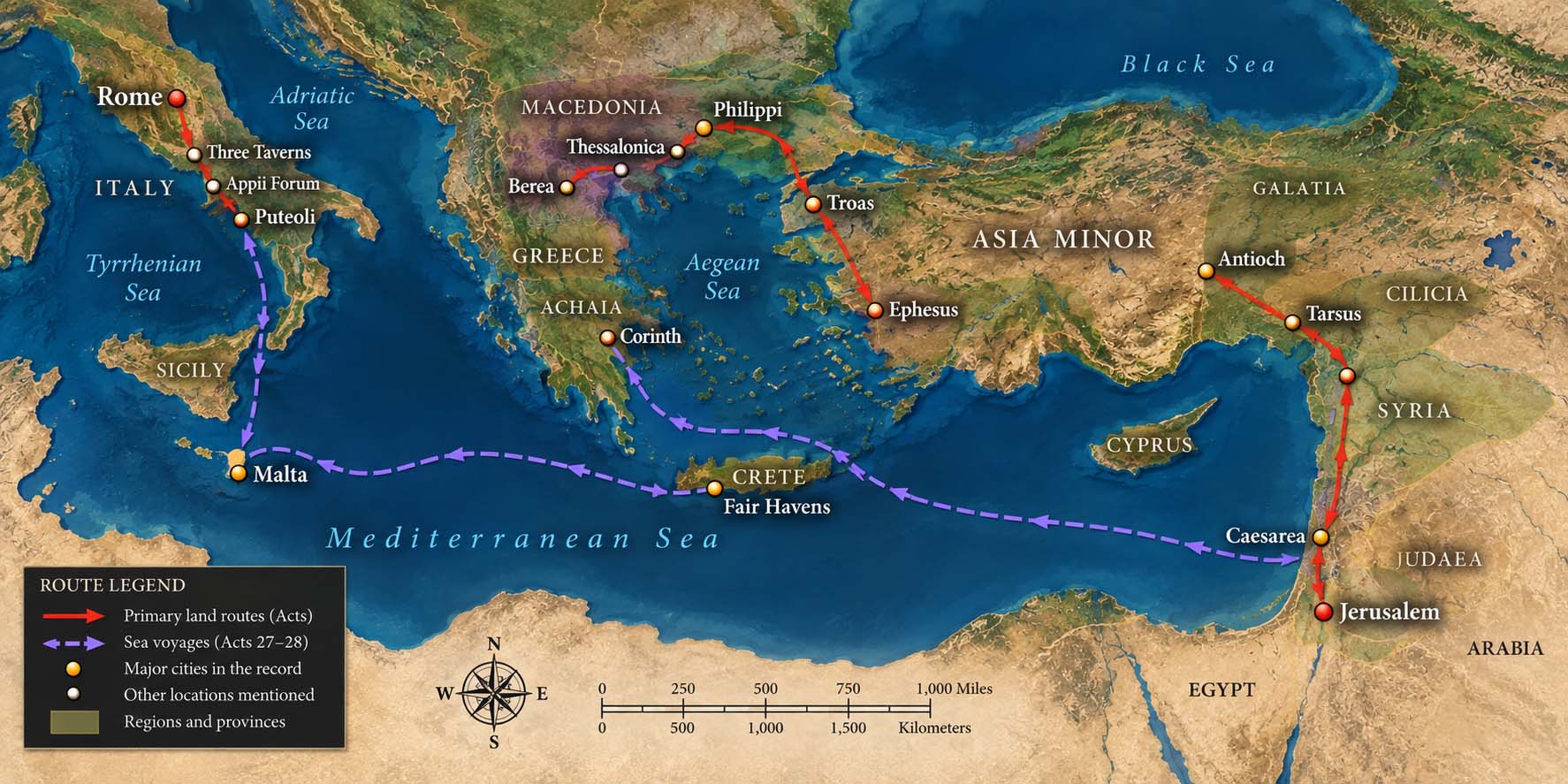 Map showing principal locations and routes in Acts from Jerusalem through the eastern Mediterranean to Rome