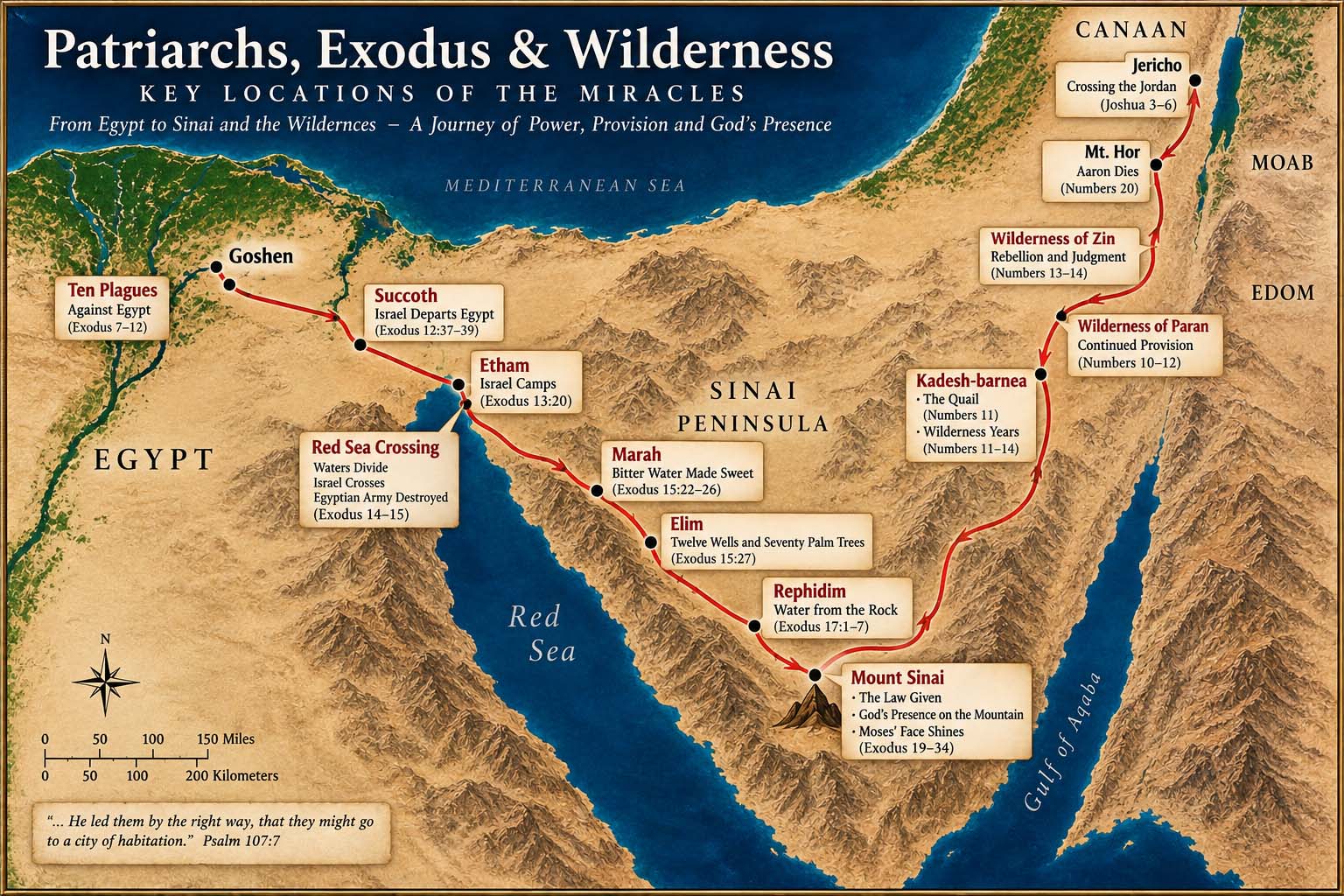Illustrated map showing principal Exodus and wilderness miracle locations from Egypt through Sinai toward Canaan