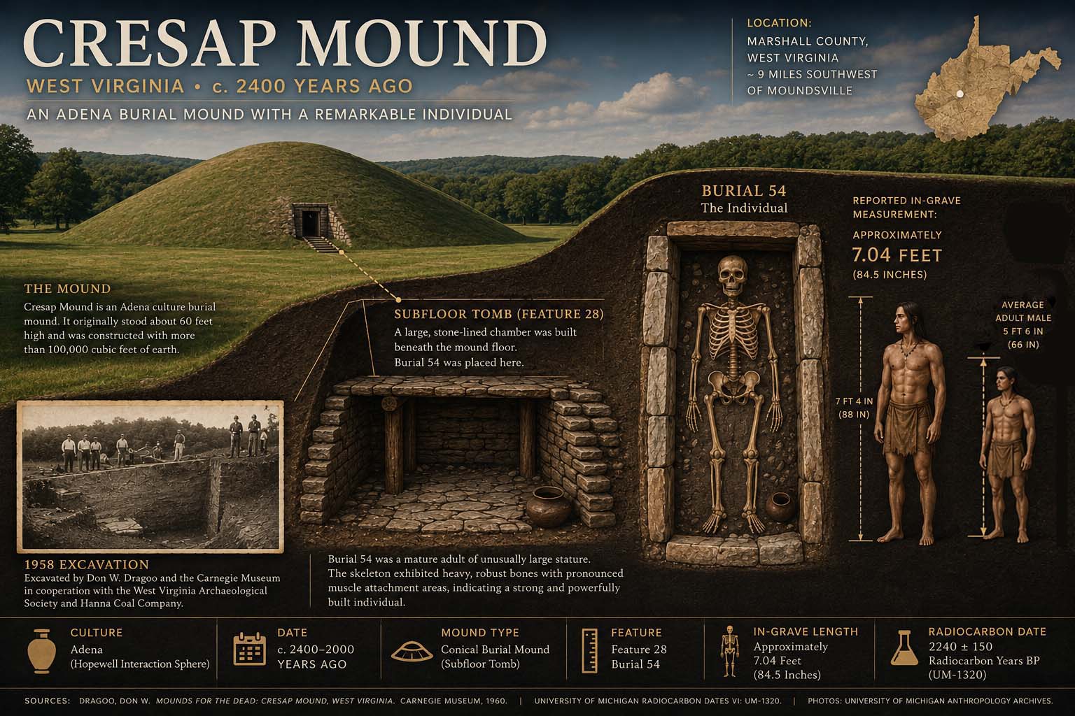 Museum illustration of Cresap Mound, Feature 28 and Burial 54 with a human scale comparison