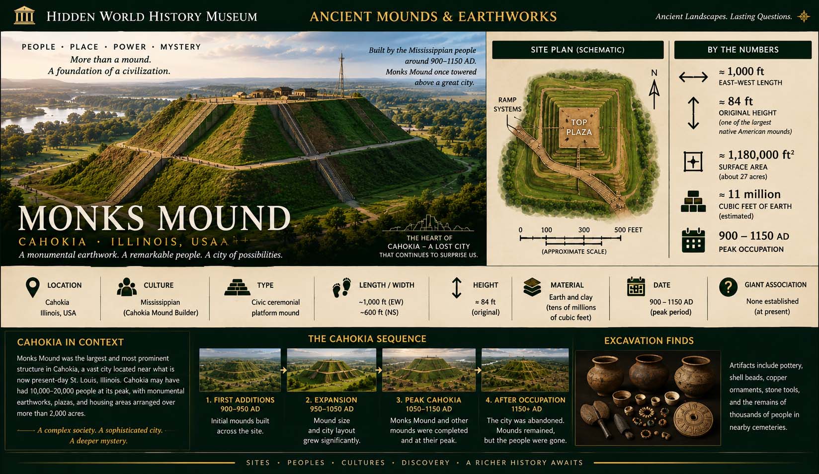 Museum reconstruction and diagram of Monks Mound and ancient Cahokia