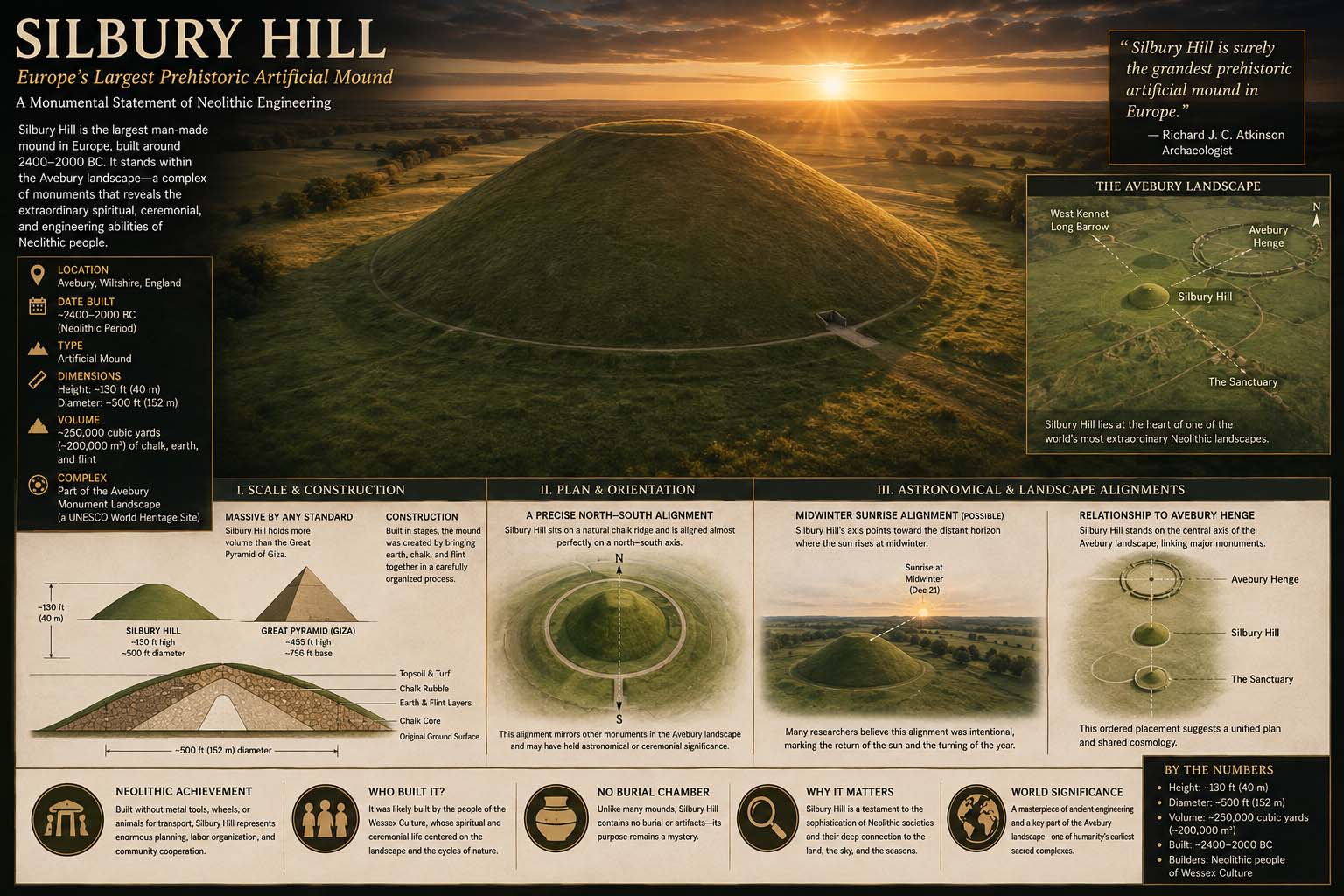 Museum reconstruction and interpretive diagrams of Silbury Hill in Wiltshire, England