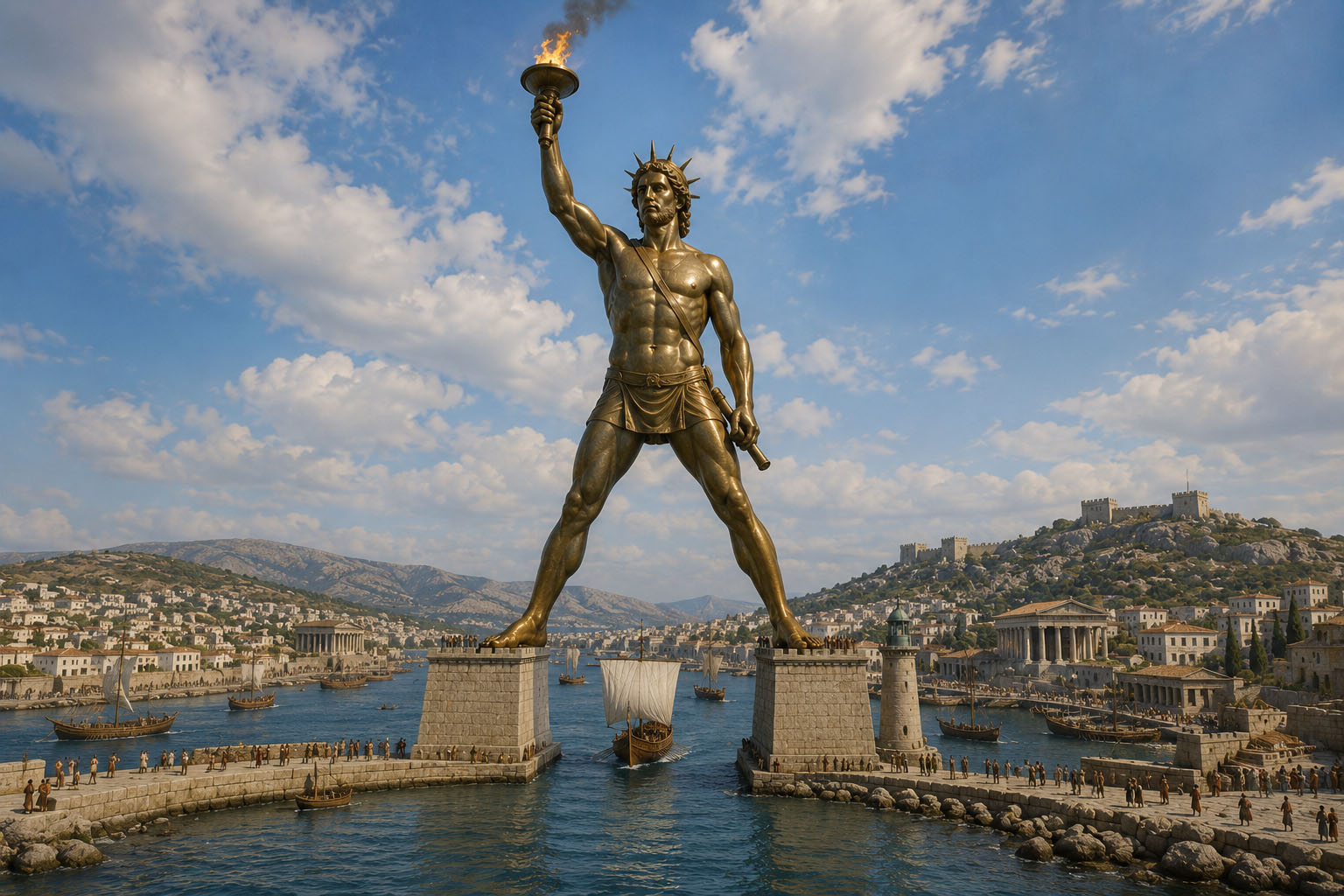 Reconstruction illustration of the Colossus of Rhodes at the ancient harbor