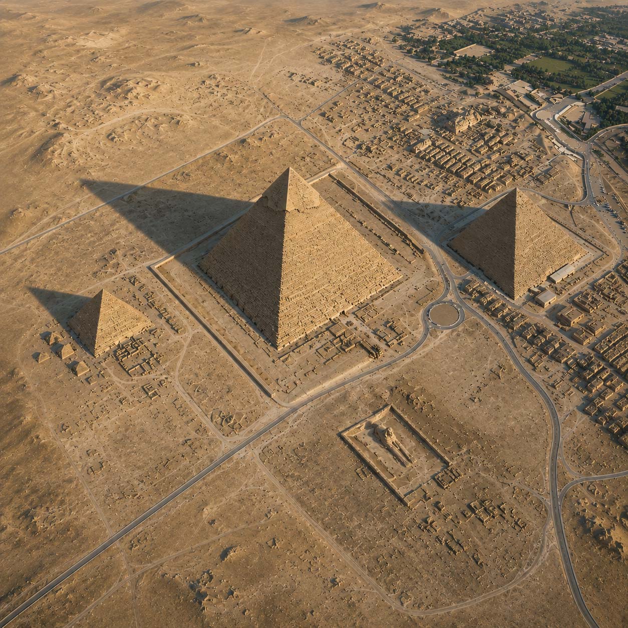 Aerial reconstruction of the Giza Plateau showing the three principal pyramids and the Great Sphinx at relative scale