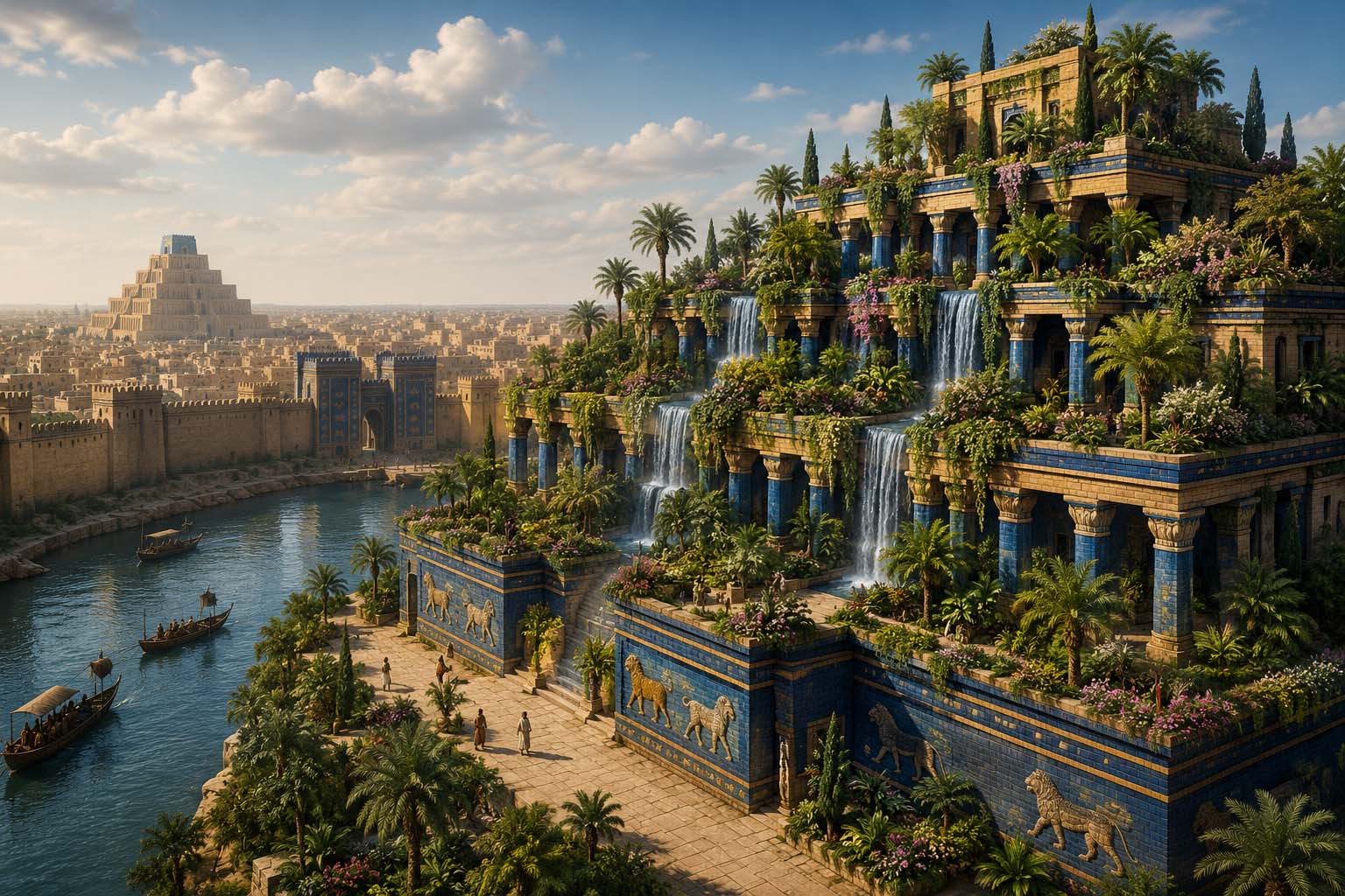 Reconstruction illustration of the legendary Hanging Gardens of Babylon with elevated planted terraces and water features