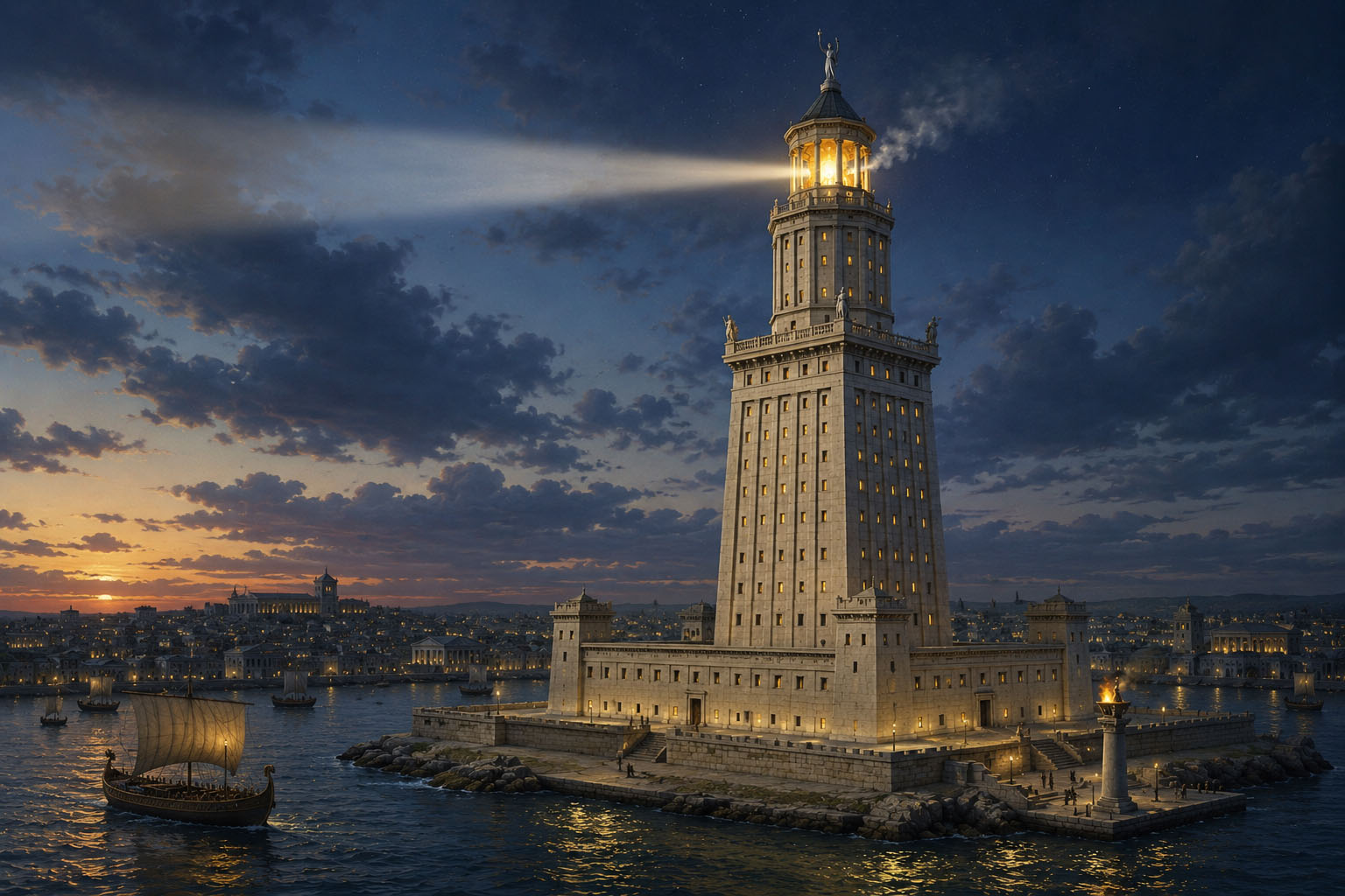 Reconstruction illustration of the Lighthouse of Alexandria rising above the harbor at night