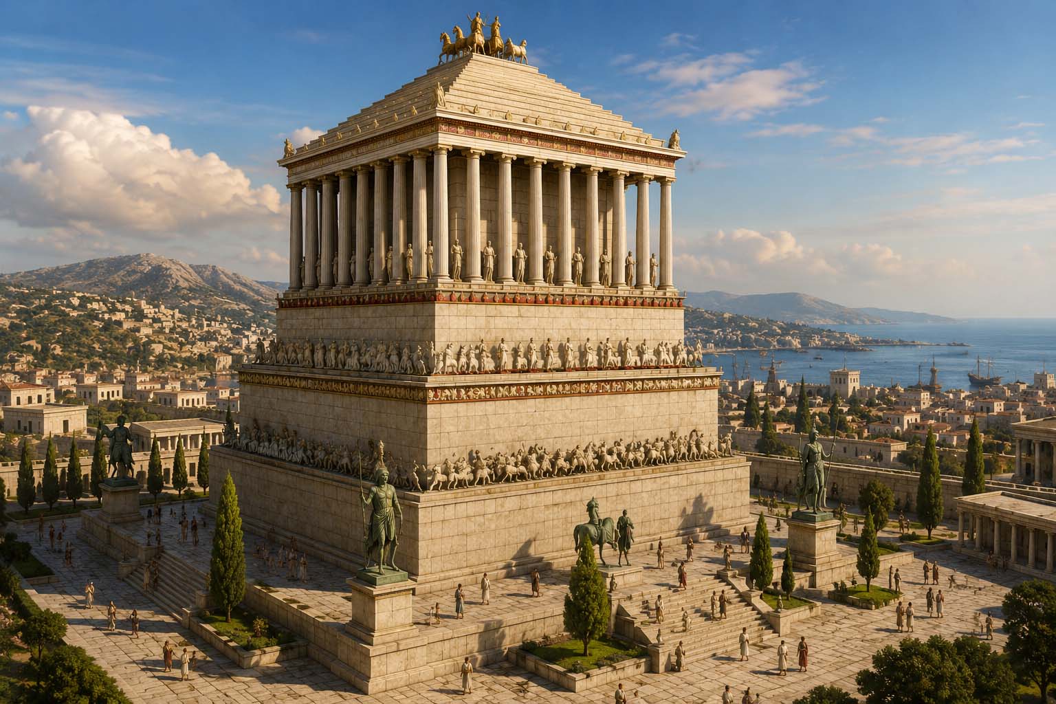 Reconstruction illustration of the Mausoleum at Halicarnassus overlooking the ancient city and harbor