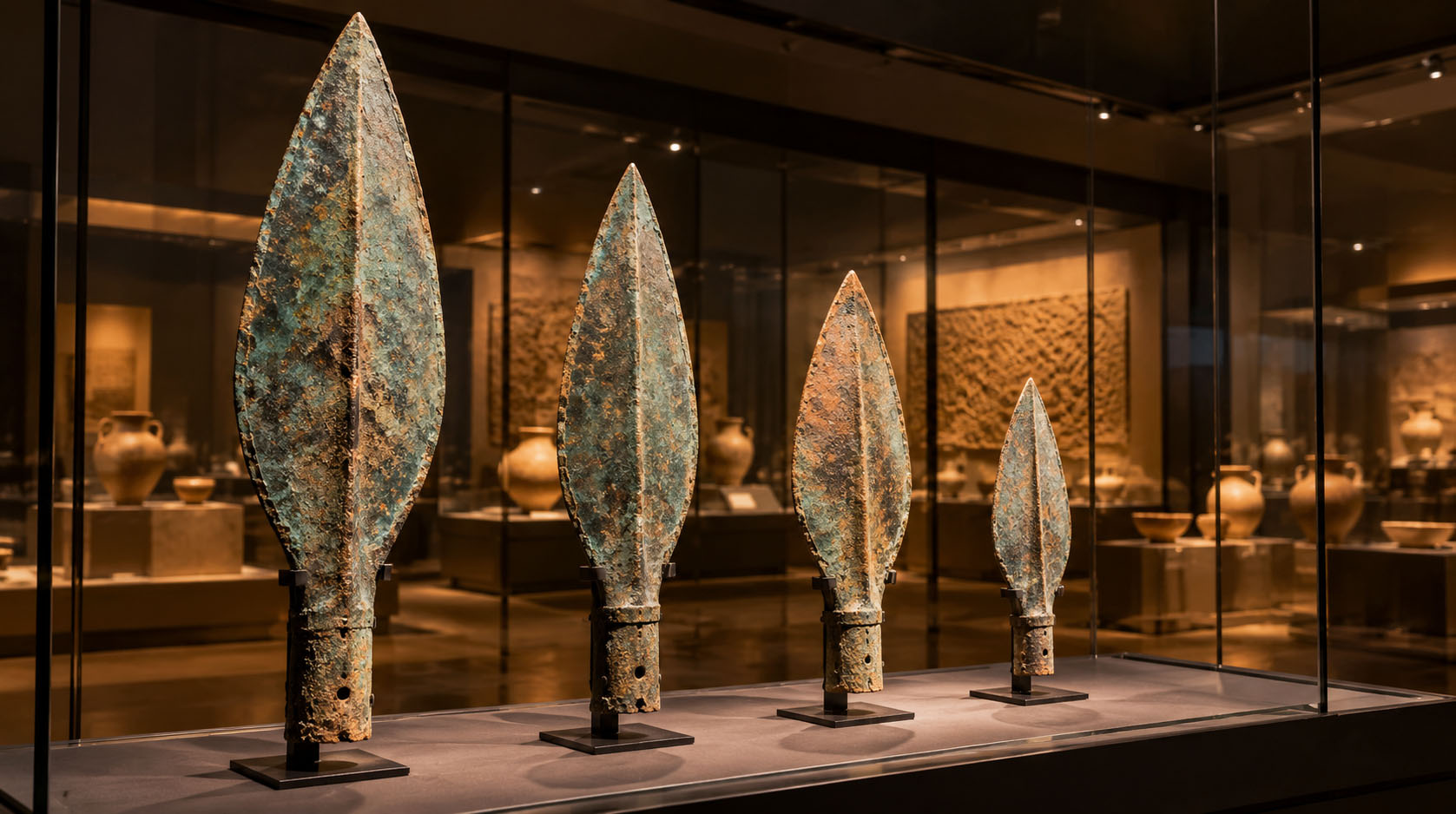 Museum-style reconstruction showing four exceptionally large ancient copper spearheads displayed in a glass case.