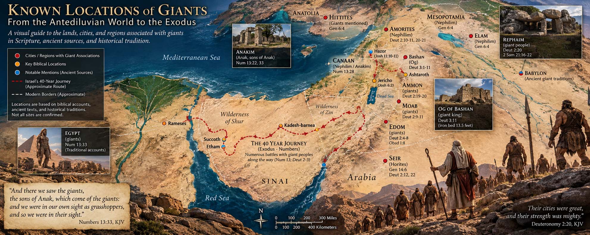 Illustrated map showing biblical regions associated with giant peoples and the approximate forty-year wilderness journey of Israel from Egypt toward Canaan.