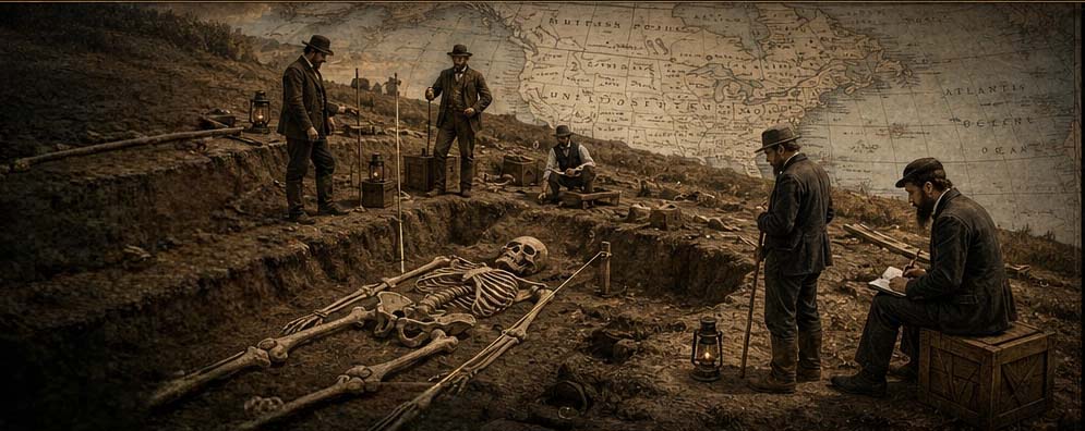 Nineteenth-century style excavation scene with investigators documenting an unusually large human skeleton beside a historical map.